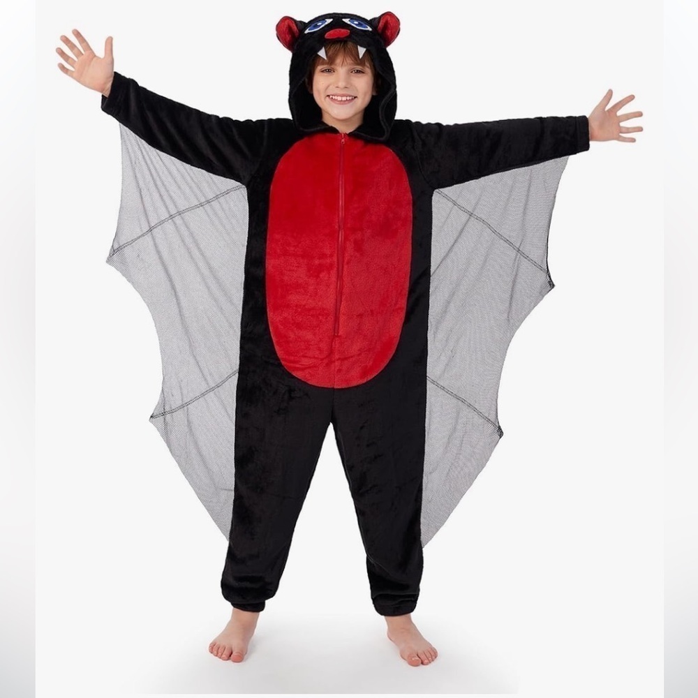 New Unisex Kids Halloween Zip Up Bat Outfit Plush Hoodie Jumpsuit 11-12 Years